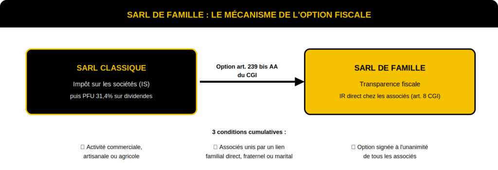Schéma mécanisme SARL de famille : option article 239 bis AA du CGI pour la transparence fiscale